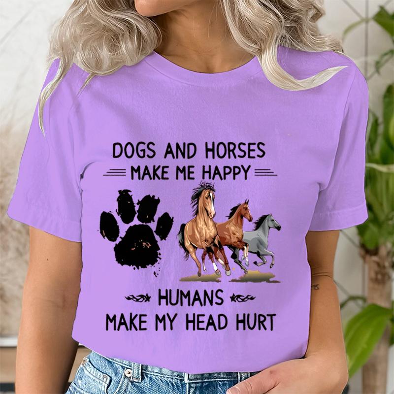 Dog Paw Wild Horses Graphics T Shirt Women Short Sleeve Shirt Dogs and Horses Make Me Happy Print Clothes Summer Female Tshirt