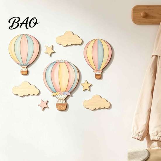 Wooden Hot Air Balloon Wall Decor 9 Pcs Nursery Decor, Boho Art Sign, Cute Balloons Stars Clouds Baby Shower Decoration for Bedroom Classroom Playroom