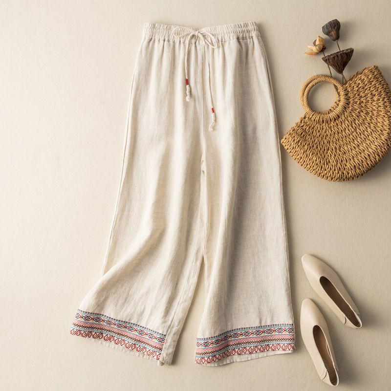 2024 Spring Summer Women's Cotton Linen Embroidered Wide-Leg High-Waist Casual Pants