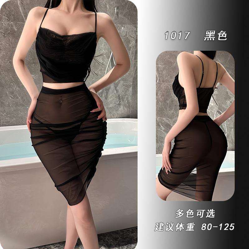 Sexy suspender hip skirt flirting lace hot transparent uniform seduction women's pajamas free set 