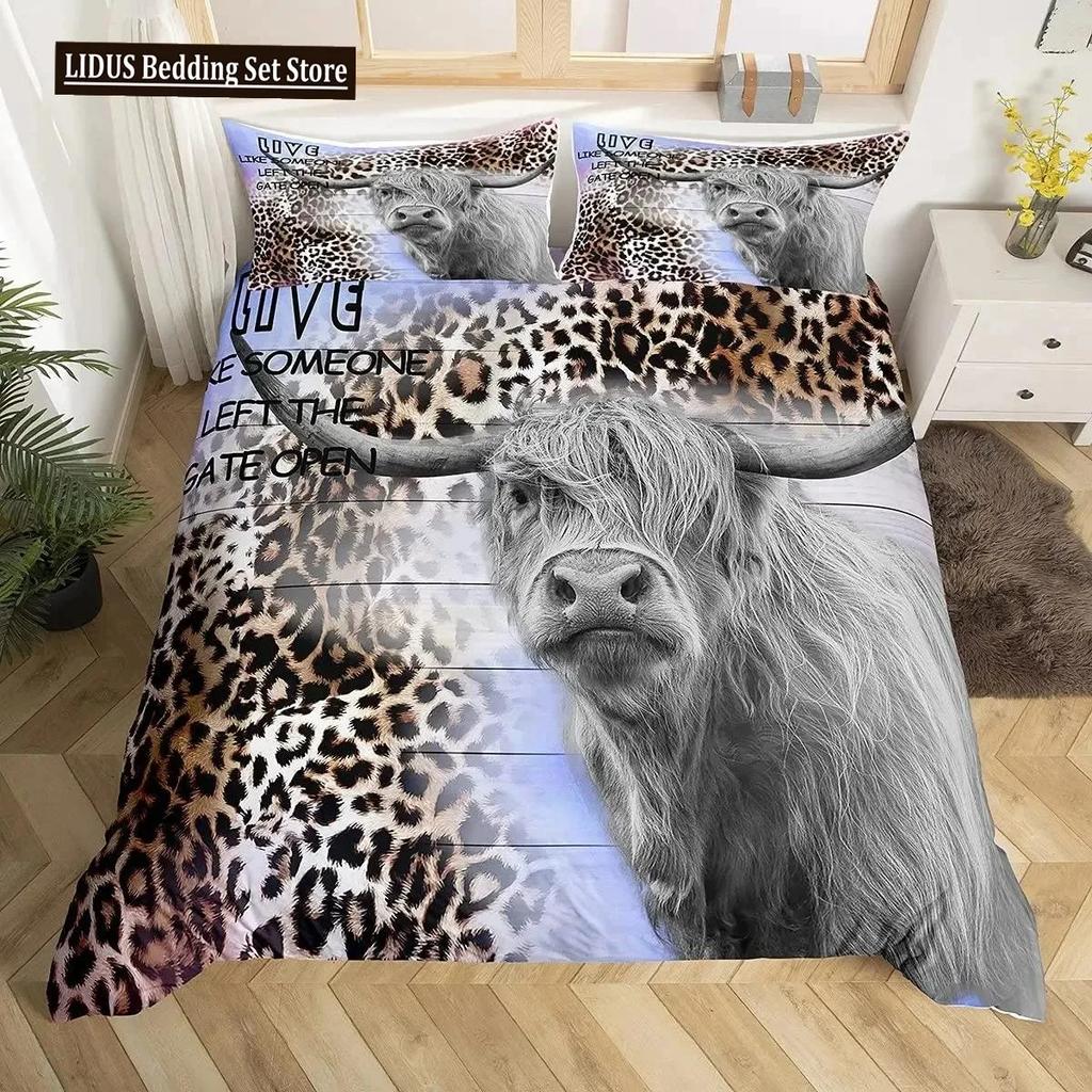 Highland Cattle Påslakanset Sött Blommigt Ko Dubbelt Sängklädesset Gul Solros Täcke Djur Polyester Quiltöverdrag