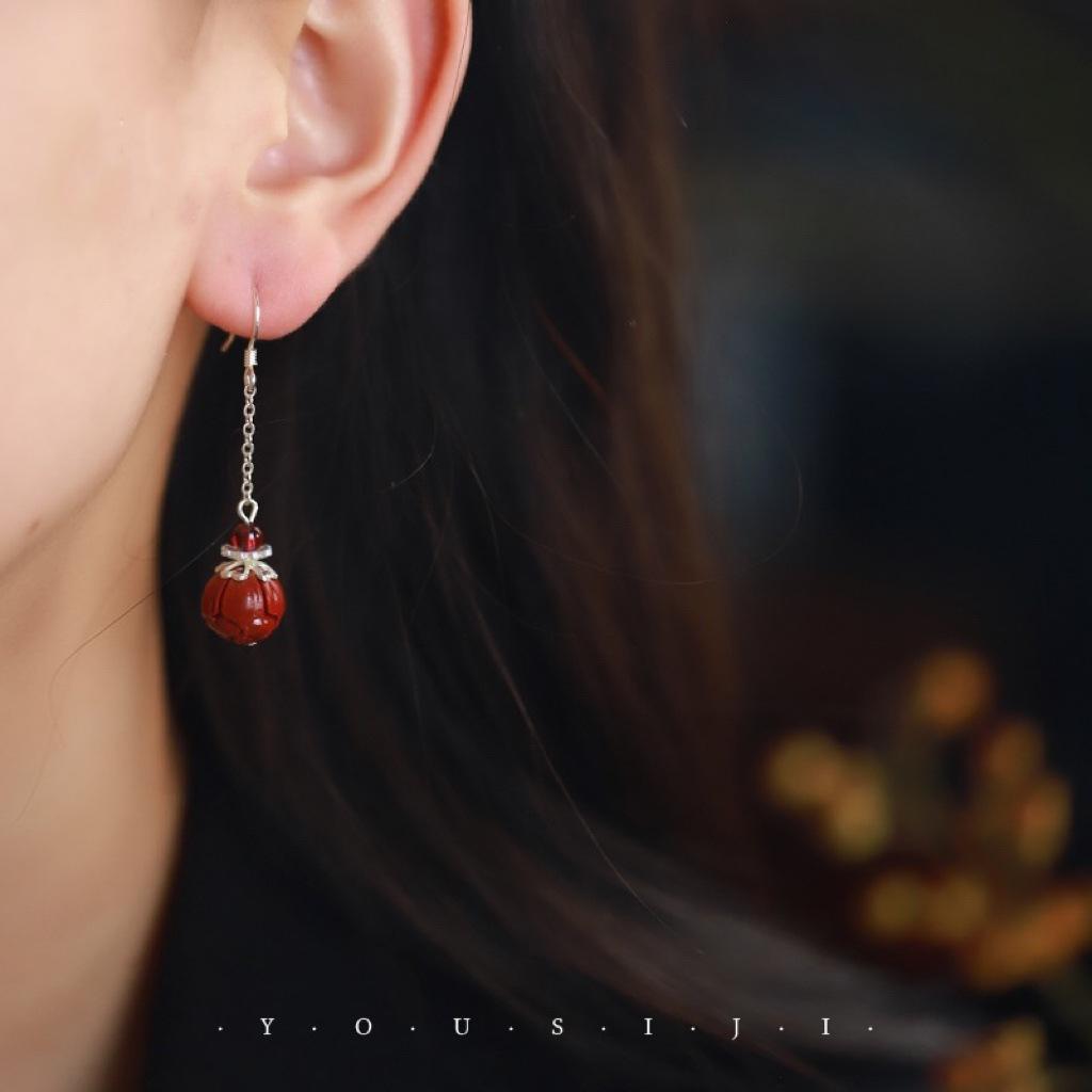 9Silver and cinnabar earrings for women, niche design, red new Chinese style tassel drop earrings, elegant earrings for cheongsam Cinnabar Style