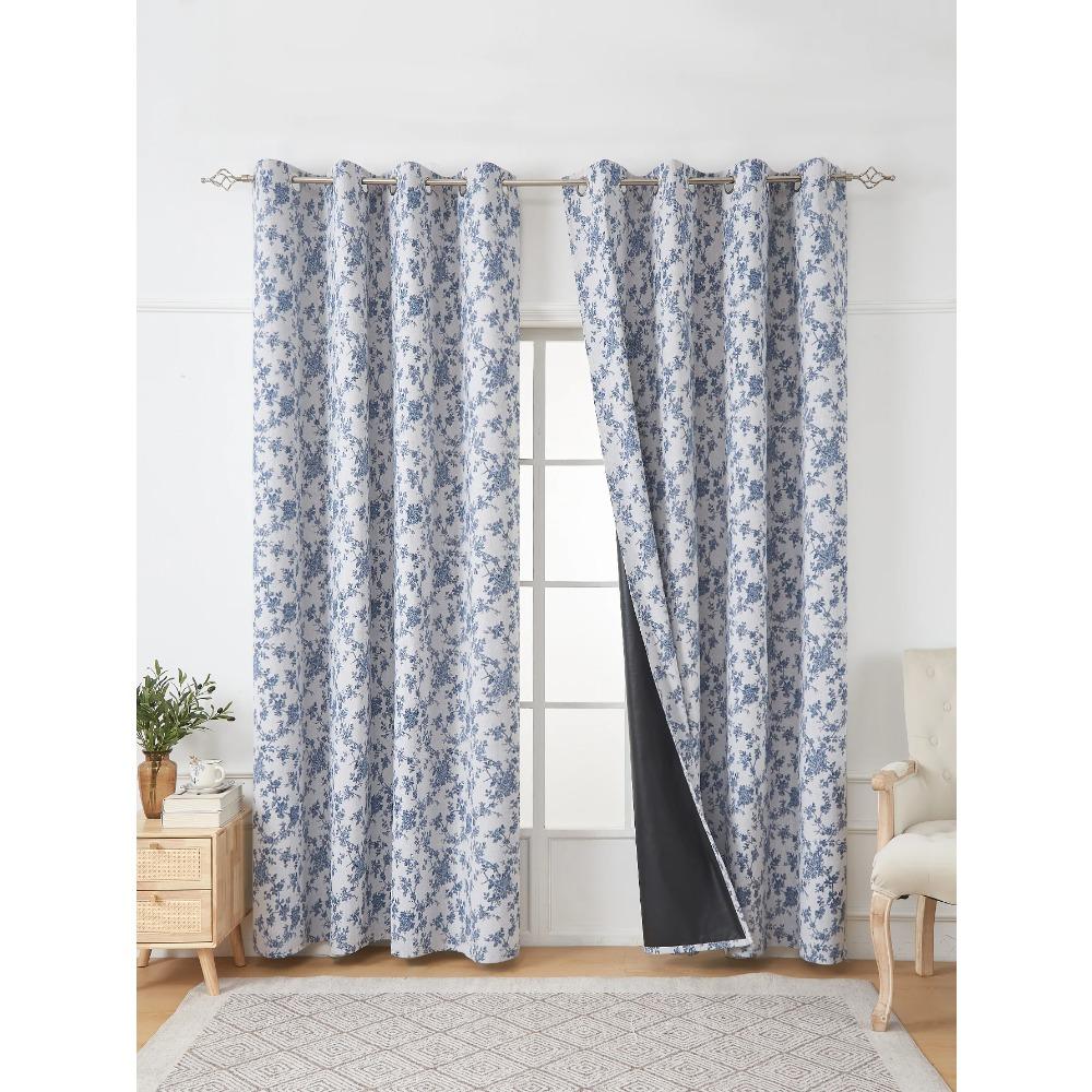 Blue Floral Full Blackout Perforated Curtain Suitable for Living Room and Bedroom Blackout Decoration Curtains