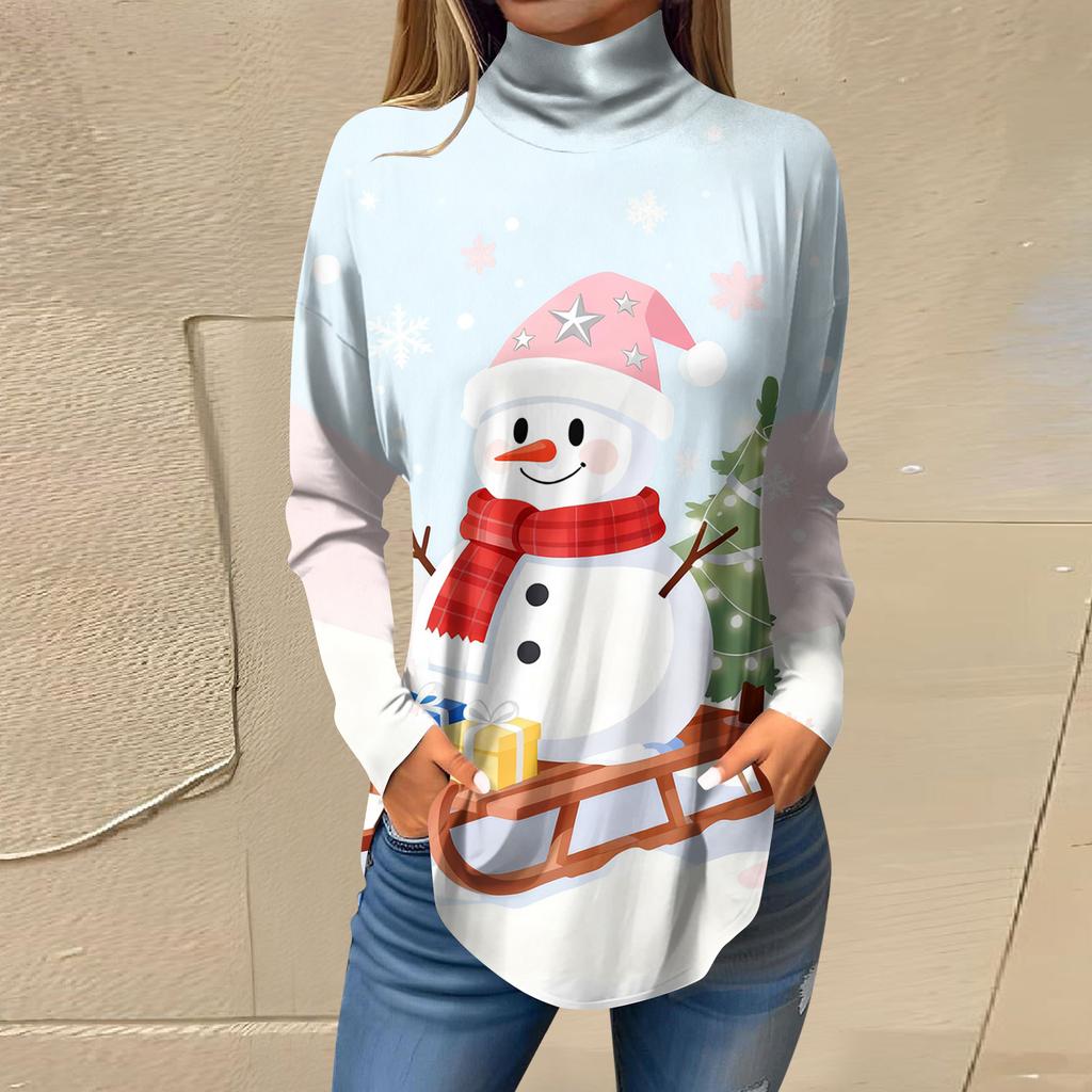Tee Shirts For Women Fall Casual Long Sleeve Shirts Sweatshirt Vintage Printed High Neck Top Pullover