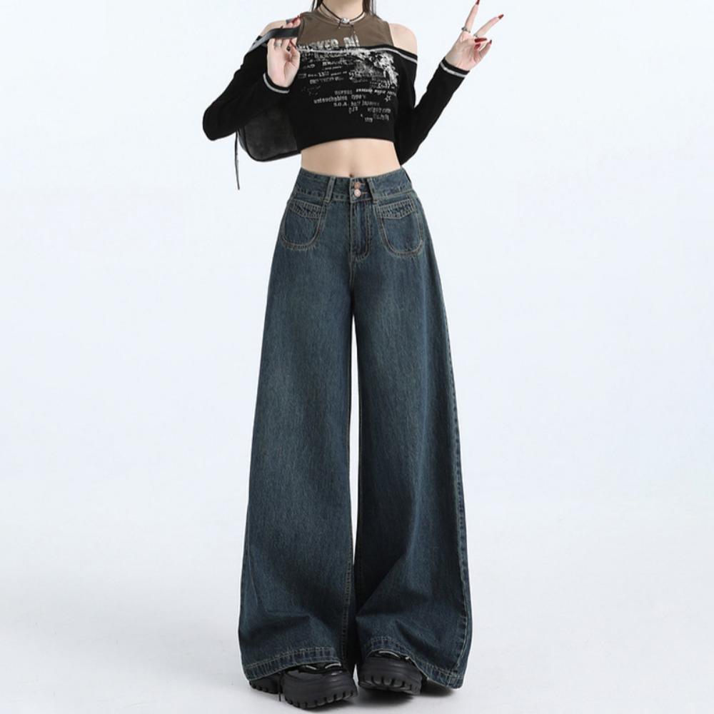 

Нейтральные и универсальные джинсы для мытья пола в корейском стиле для женского весенне-осеннего сезона, новые, свободные, с драпировкой, темпераментные джинсы широкого кроя 2XL