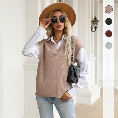 Vintage Mode Elegant Lässig Herbst Ins Wind Trend Damen Einfarbig V-Ausschnitt Strickweste Ärmellos Damen