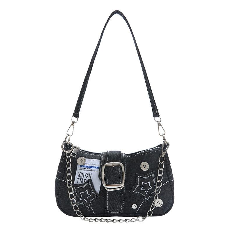 New fashion personalized millennial babes y2k babes black star denim underarm bag niche messenger chain bag