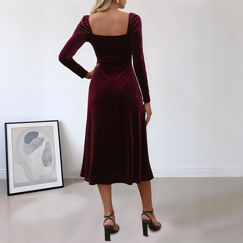 Amazon New French Elegant Valentine's Day Split Dress Christmas Velvet Solid Color Square Neck Dress Women