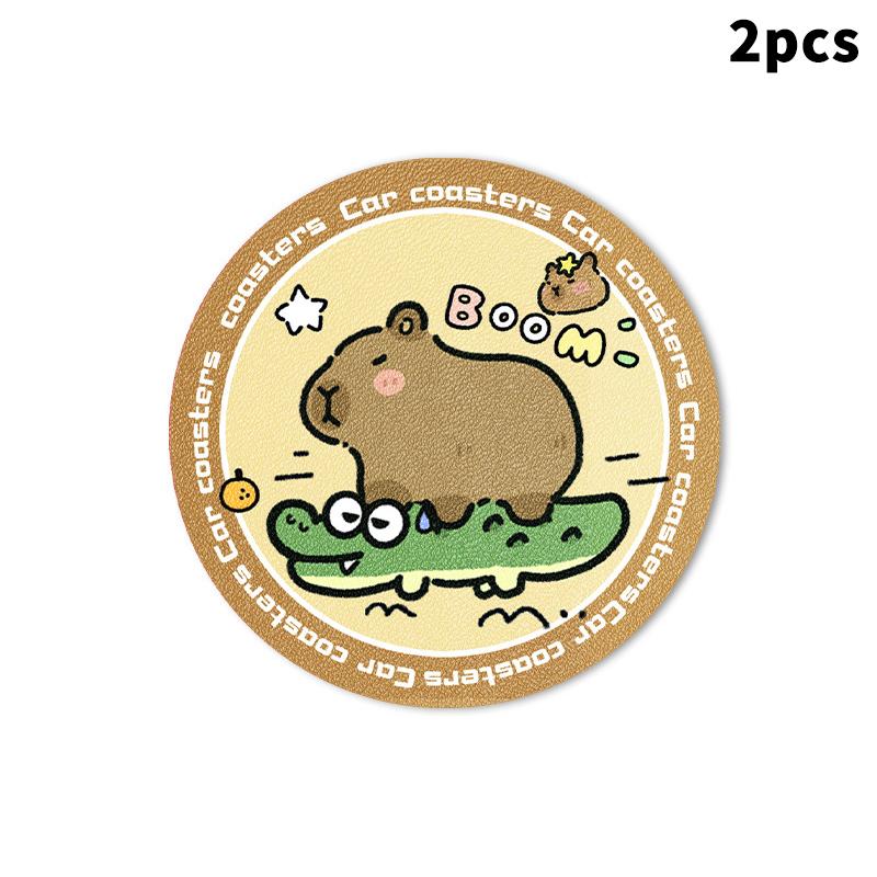 

2Pcs Cute Capybara Pattern Car Cup Holder Coaster Pu Leather Anti Slip Cup Holder Insert Coaster Mat Car Interior Accessories