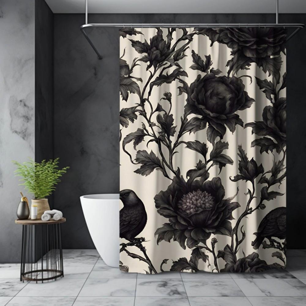 

Elegant Black Floral Shower Curtain Dark Rose And Bird Design Gothic Art Modern Bathroom Decor Waterproof Fabric Bath Curtain W60H190(CM)-1 Pcs