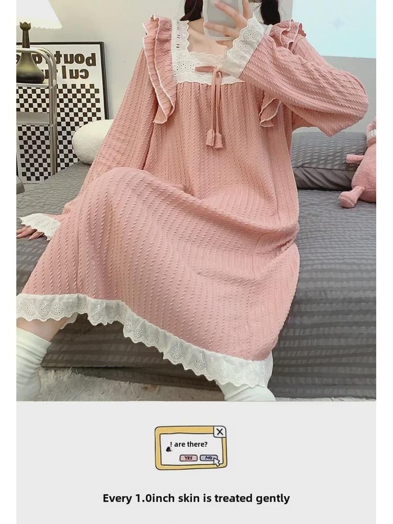 6535 Jacquard Cotton Pajamas - Women's Sweet Long-Sleeve Mid-Length Nightdress, Plus Size (Up To 220 Lbs) for Spring & Autumn