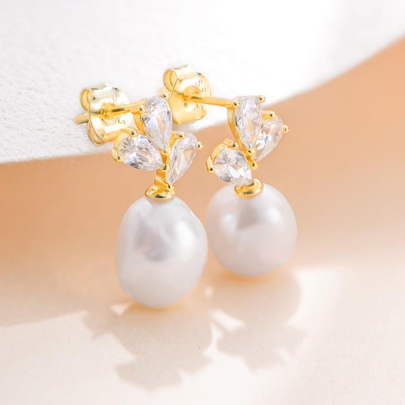 Elegant Minimalist Natural Pearl Stud Earrings Women With Cubic Zirconia Sterling Geometric Design 925 Sterling Silver