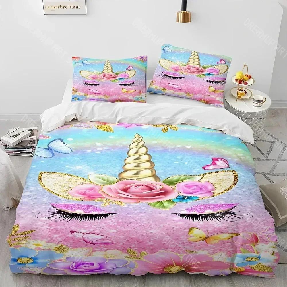 Unicorn Cute Cartoon Comforter Bedding Set,Duvet Cover Bed Set Quilt Cover Pillowcase,Queen Bedding Set for Child Boy Girl Gift