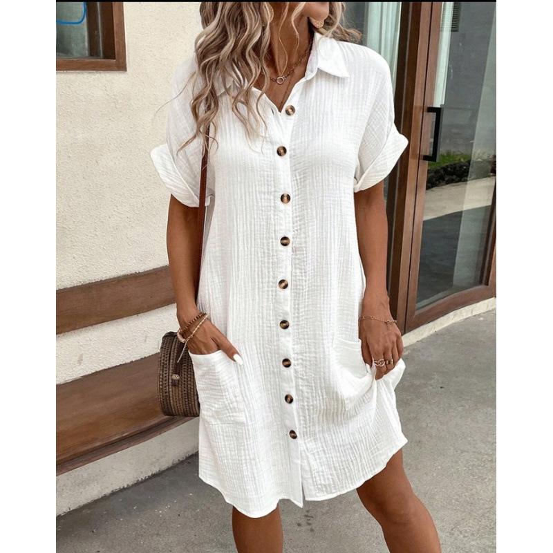 Casual Solid Color Single-breasted Medium and Long Short-sleeved Loose Casual Dress Women's Clothing