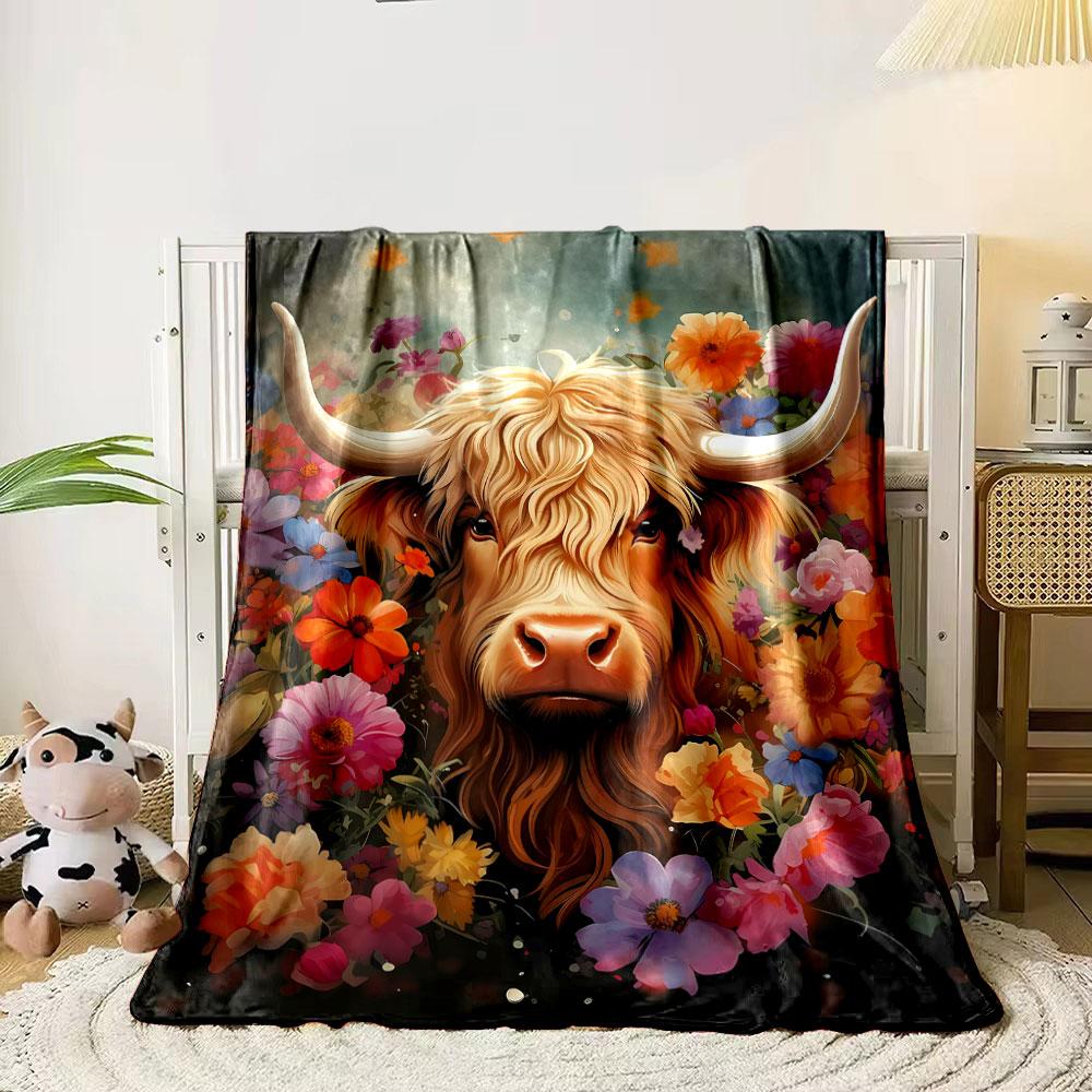 Highland Cow Floral Blanket bedroom Blanket for Livingroom Couch lunch break Soft throw for Friend's festival Gift