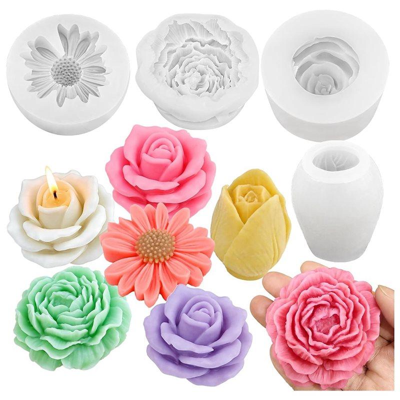 CYCLI-For DIY Candle Silicone Mold Set 4Pcs 3D Flower Molds For Soap Epoxy Release Crafts- Daisy Peony Rose Tulip Gift