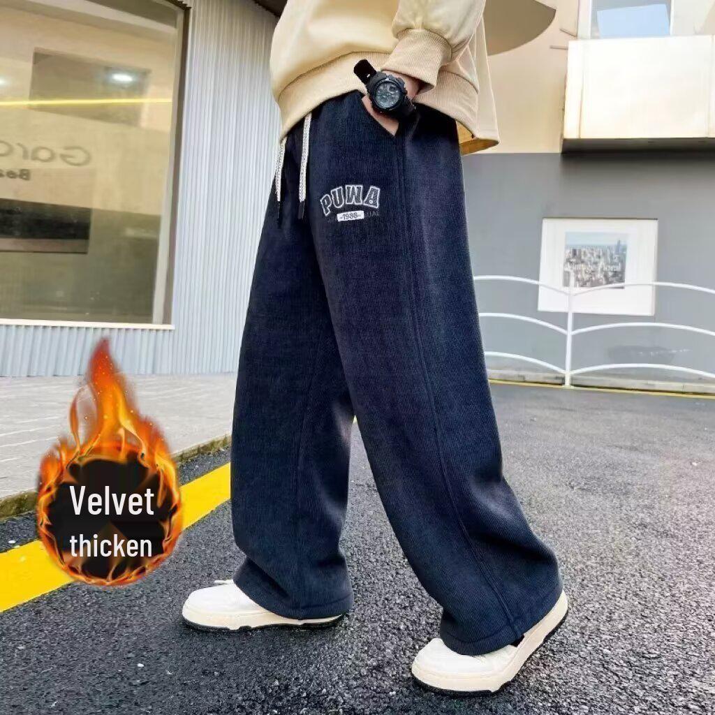 Teen Boys' Thick Velvet Straight-Leg Sports Pants for Autumn & Winter