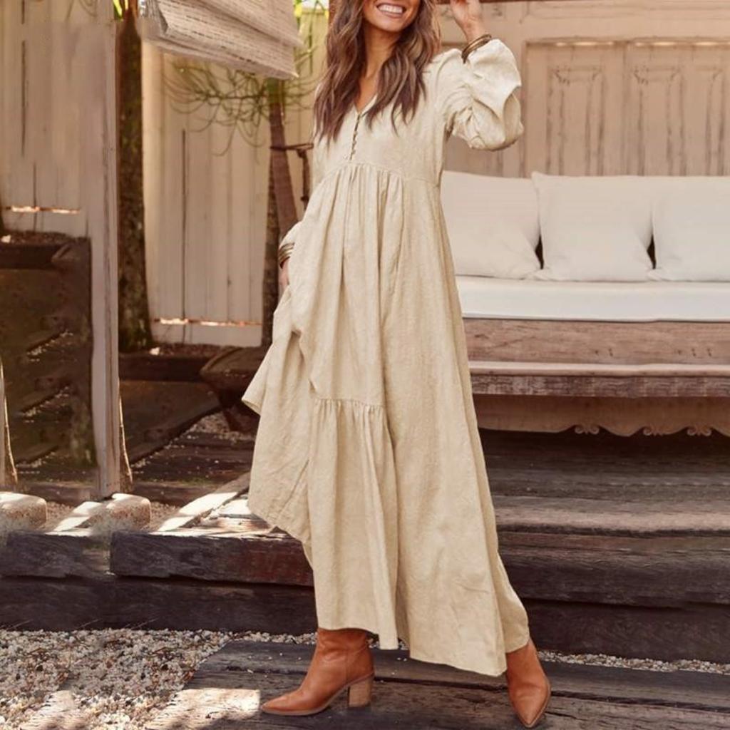 Women's V Neck Long Sleeve Maxi Dress Straight Fit High Waist Casual Solid Color Ruffle Tiered Long Dress