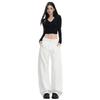 Women's American-Style Wide-Leg White Jeans: Autumn/Winter Pleated Casual Straight Floor-Length Pants