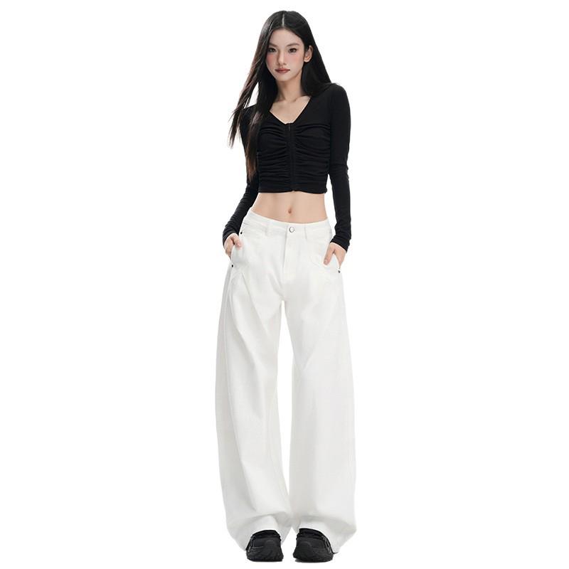 Women's American-Style Wide-Leg White Jeans: Autumn/Winter Pleated Casual Straight Floor-Length Pants