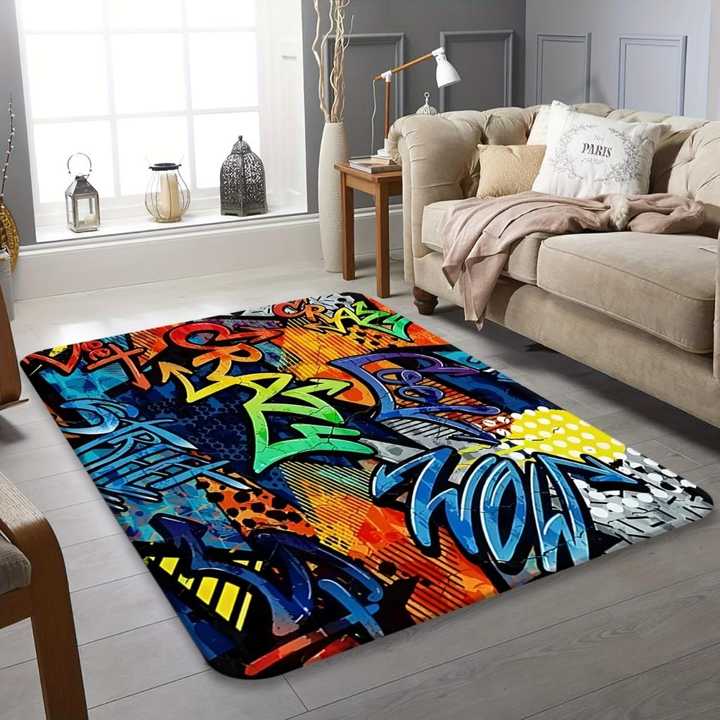 Tappetino d'ingresso stampato con Graffiti Colorati, Antiscivolo, Morbido, per Camera da Letto, Soggiorno, Sala Giochi, Tappeto Decorativo da Interno