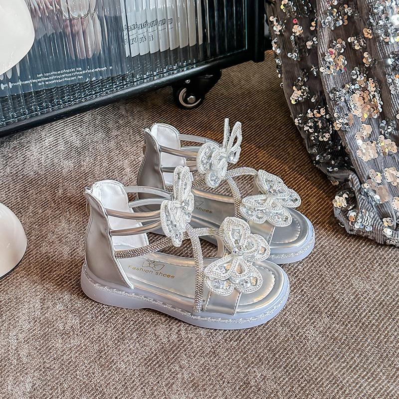 Baby Girls Hot Sale Summer Kids Princess Sandals Fashion Crystal Zipper Elegant Soft Party Bow Flat Children Walking Shoes
