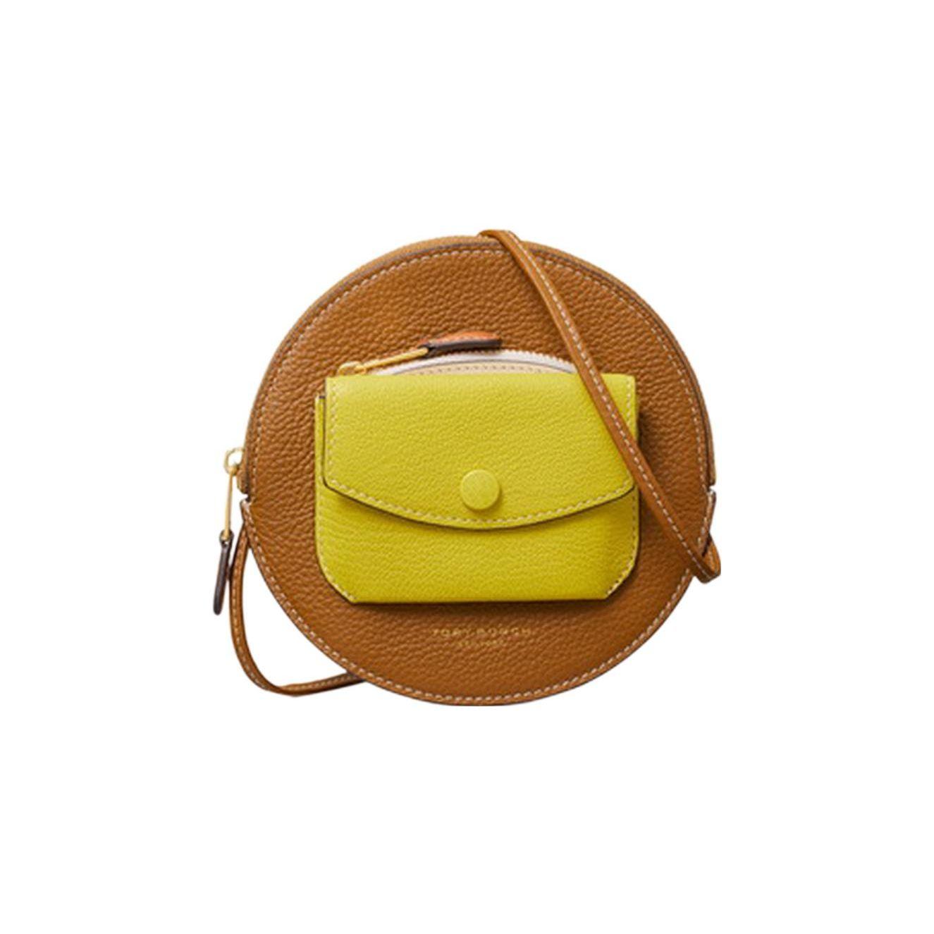 

Tory Burch Bonbon Round Pocket Snap Litchi Grain Zipper Closure Leather Shoulder Crossbody Wallet Mini Women Bags Brown Yellow 140327-200 Basic Set (Bag+Dust Bag)