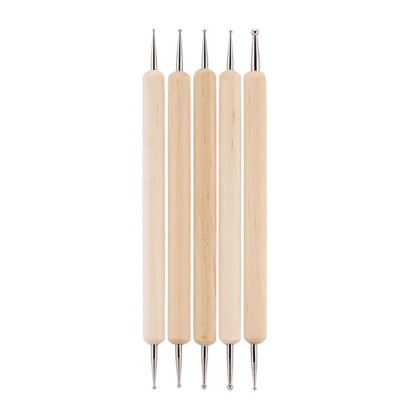 5-Piece Wooden Handle Manicure Tool Set: Double-Ended Rhinestone Picker & Carving Pen