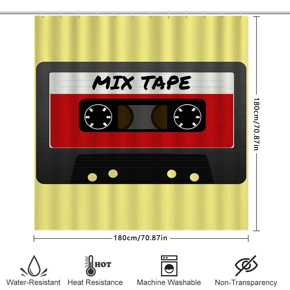 Retro Mix Tape Duschvorhang Gelb Rot 80er Jahre Stil Audio Kassette Dekor für Badezimmer