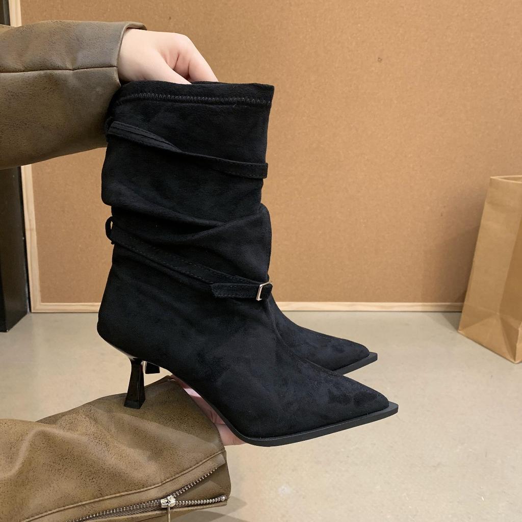 Suede Pointed Heels Pleated Pile Boots 2025 Belt Buckle Skinny Boots