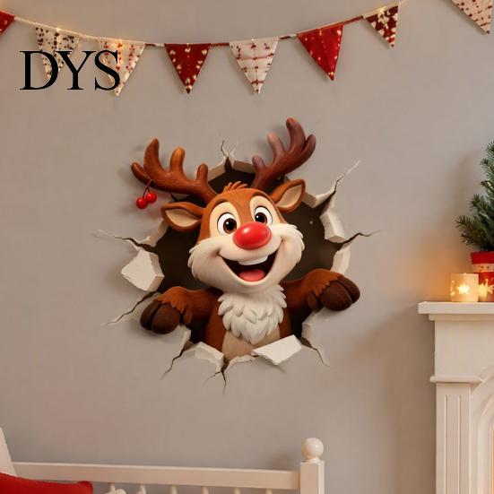 Home Beautification Decals Christmas Reindeer Wall Decal, 3D Hole Illusion Red Nose Rudolph Sticker, Holiday Decoration Peel And Stick Waterproof PVC