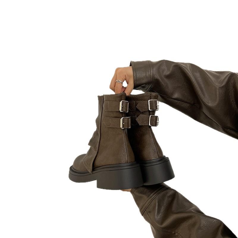 2025 new pleated stacked boots, trouser boots, soft leather thick-soled Martin boots, versatile brown short boots for women