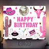 2D Pink Cowgirl Disco Birthday Backdrop, Western Cactus Photography Bann
