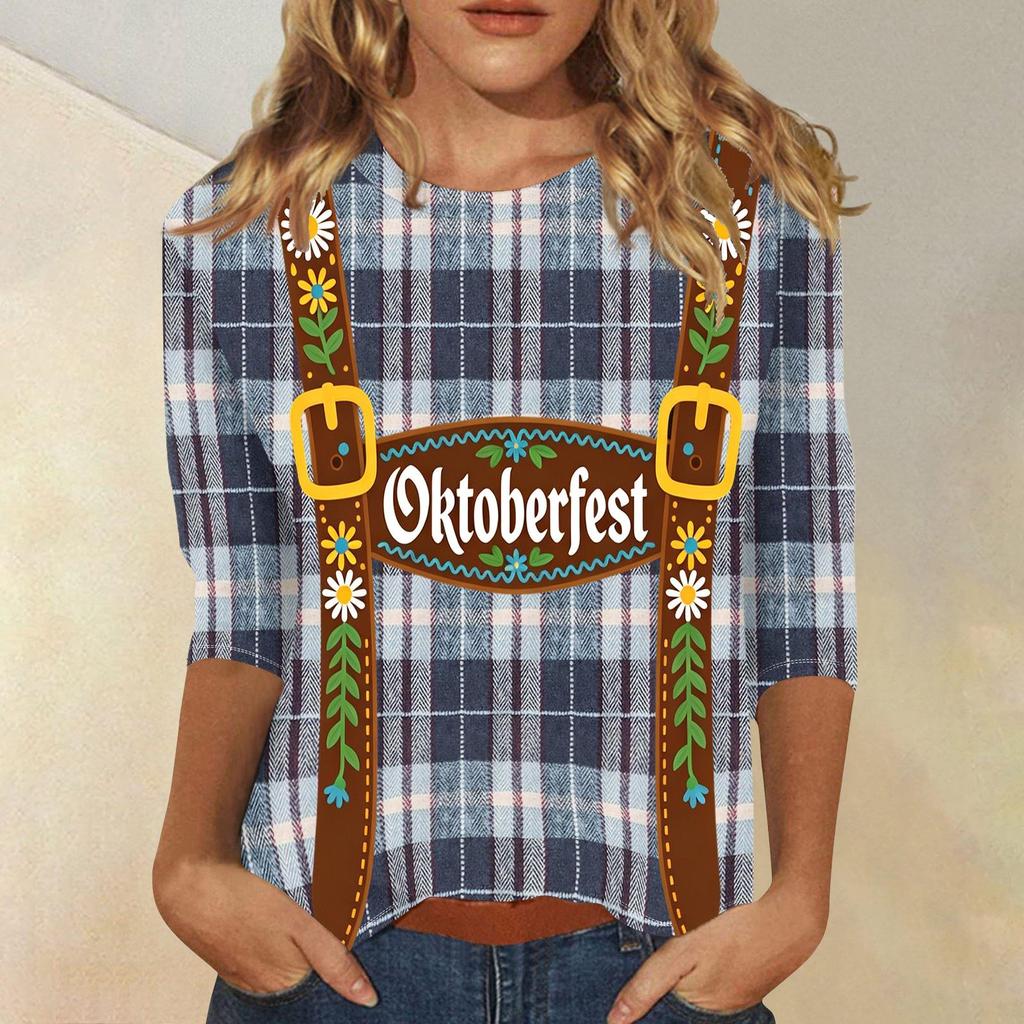 Women Casual Three Quarter Sleeve Oktoberfest Print Round Neck Top Lightweight Soft Fabric Festival Shirt
