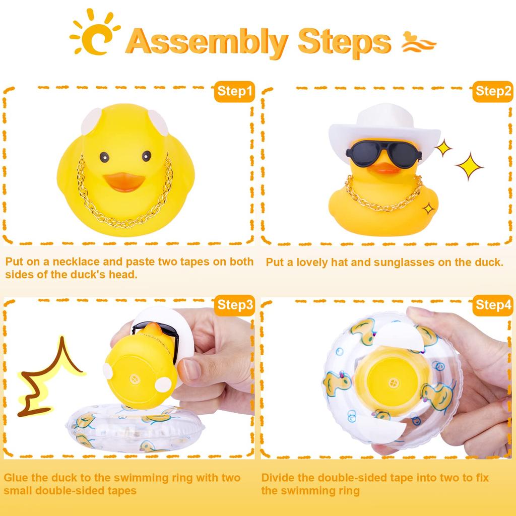 Car Duck Car Rubber Dashboard Decorations Ornament Yellow Rubber Duck with Mini Swim Ring Sun Cowboy Hat Necklace