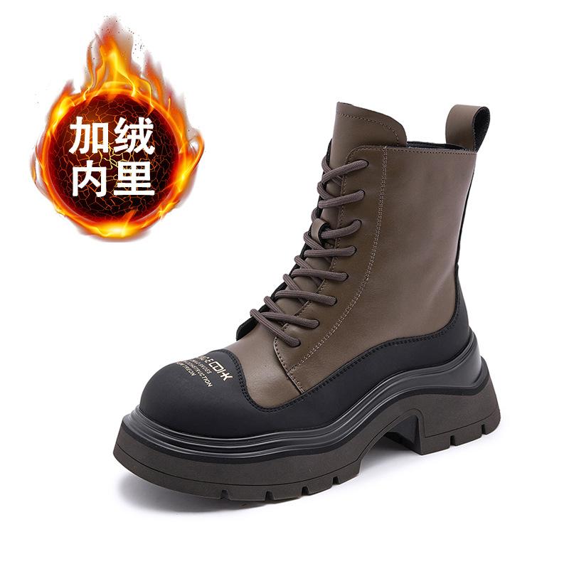 Leather Martin boots women's thick heel 2025 new autumn and winter warm thick-soled medium boots children's velvet British style short boots