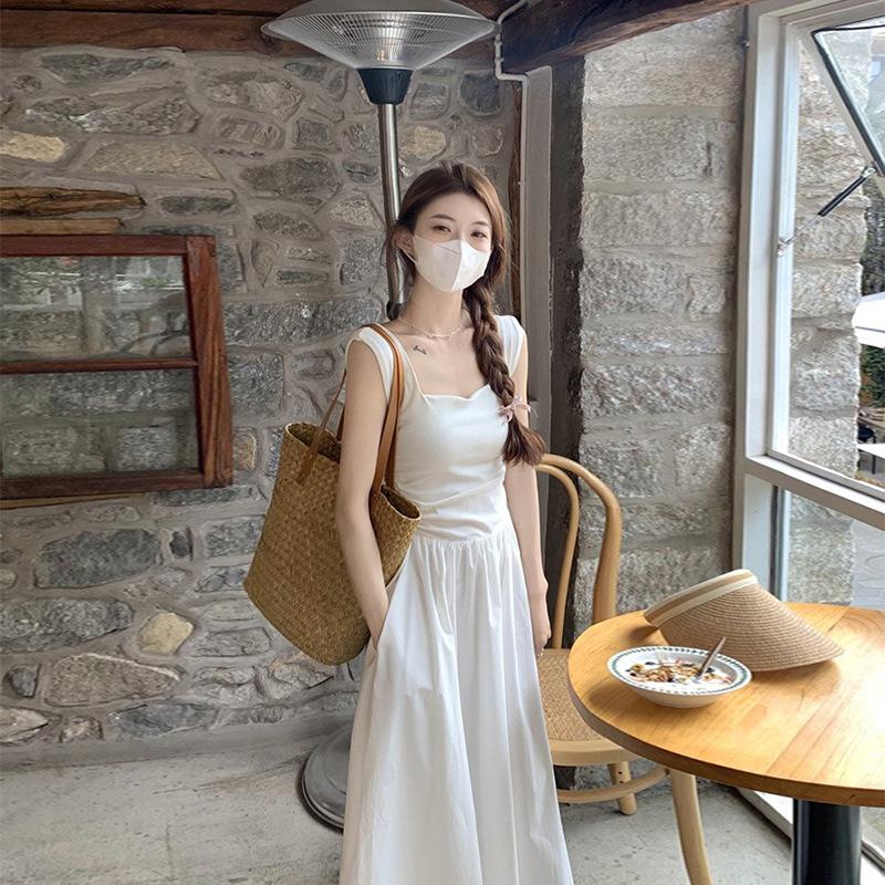 

GMXIA белое платье-майка без рукавов, женская летняя тонкая юбка в роскошном стиле с квадратным воротником на талии XXL белый