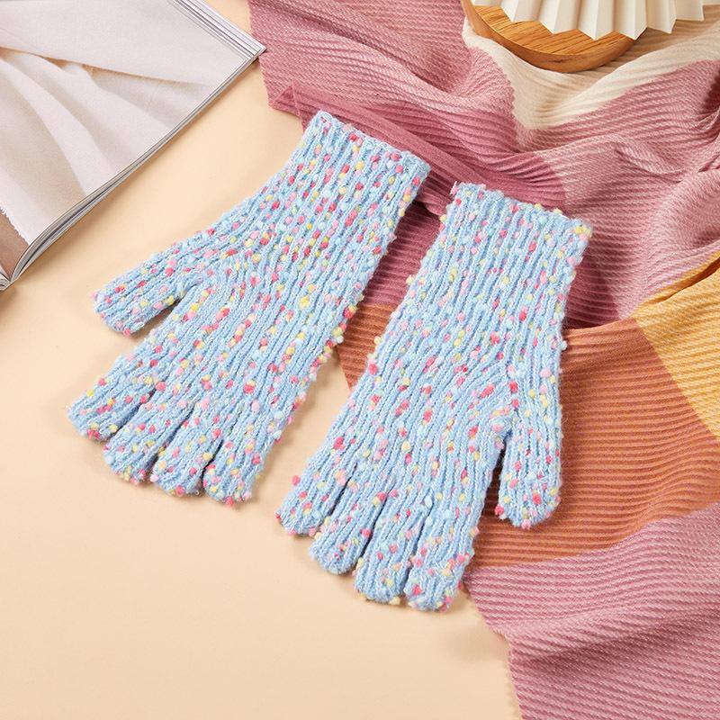 New Knitted Gloves for Women with Velvet Candy Color Warm and Cold-proof Fashion Finger Revealing Korean Gloves