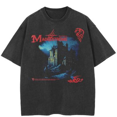 Camiseta unisex con gráfico de Gloomy Castle, ropa de calle 2024, camiseta de algodón lavada negra, camisetas unisex, camisetas de verano de manga corta
