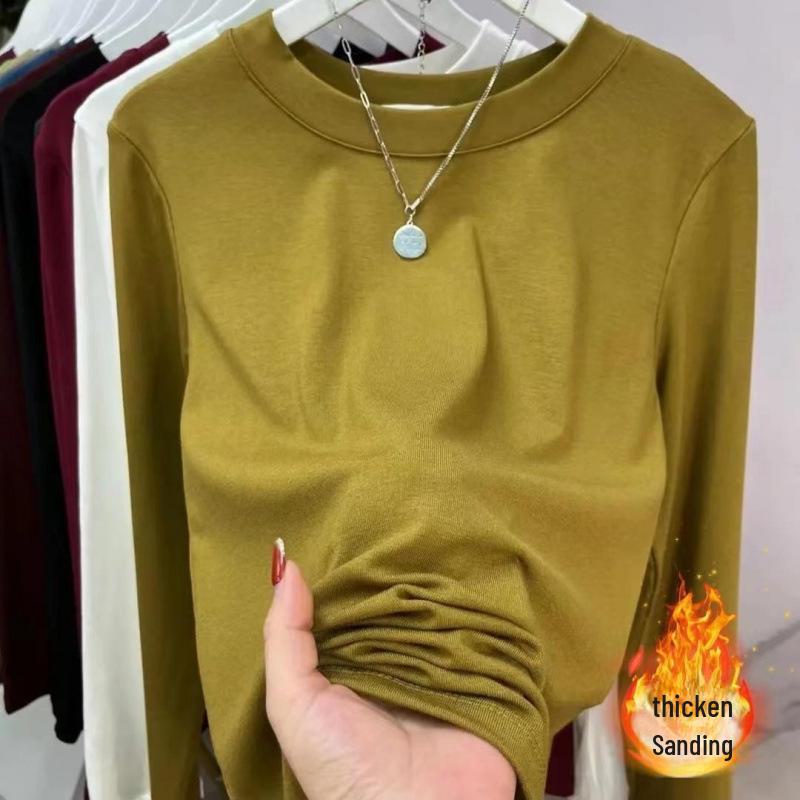 

Женская бархатная футболка облегающего кроя с длинными рукавами и начесом — универсальная, с круглым вырезом для весны и осени 2XL