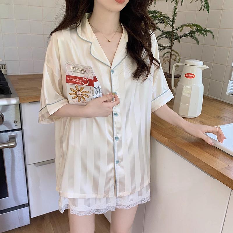 Premium Striped Ice Silk Cool Thin Pajamas Women'S Cardigan Short Sleeve Two-Piece Student Loungewear Summer