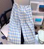 Women's Blue & White Checkered Wide-Leg Pants - Loose, Plus Size, Slimming, Floor-Length