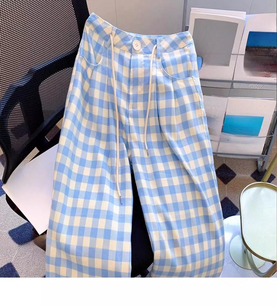 Women's Blue & White Checkered Wide-Leg Pants - Loose, Plus Size, Slimming, Floor-Length