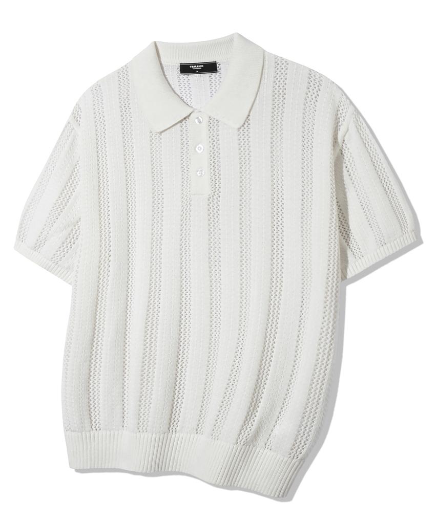 TRILLION Striped Curly Button Collar Short Sleeve Knit [Ivory]