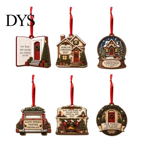 Rustic Hanging Cabin Decor Wooden Christmas House Ornament, 2D Castle Car with Gift Box Set Red String, Tree Pendant, Holiday for Home Indoor Festive