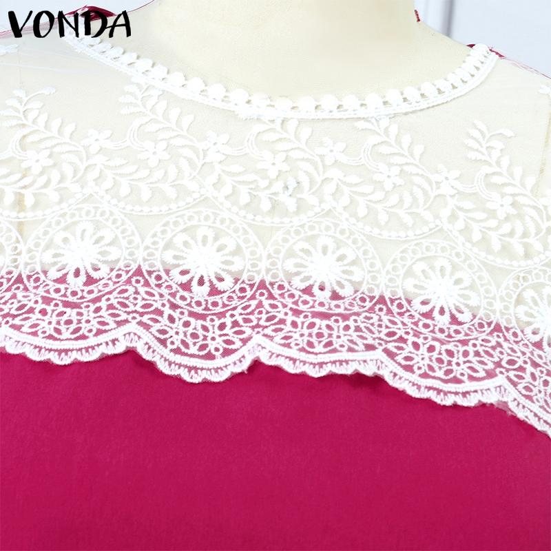 VONDA Summer Women Round Neck Long Sleeve Lace Patchwork Straight Mini Dress