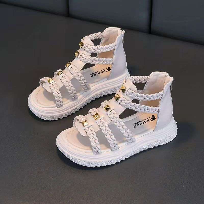 Girls sandals 2025 new summer woven little girl baby princess roman shoes soft-soled open-toed children's sandals