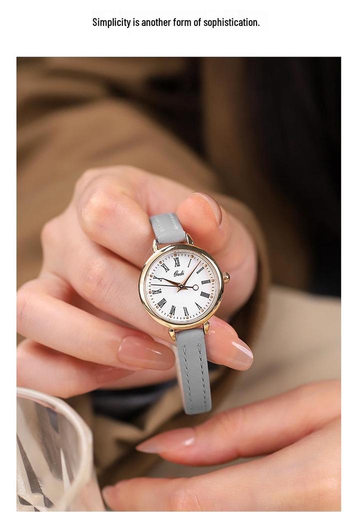 Gedi Round Retro Women's Watch with Roman Numerals - Quartz, Leather Strap, Versatile for Students and Ladies