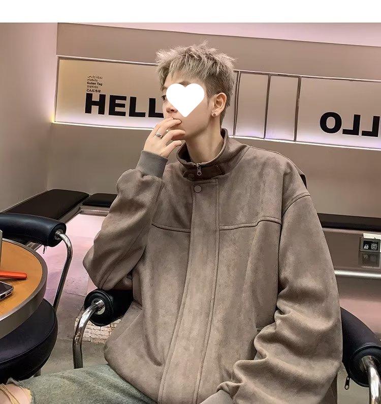 Men's Suede Plush Retro Stand Collar Jacket - Spring/Autumn 2025 Trendy Loose Fit