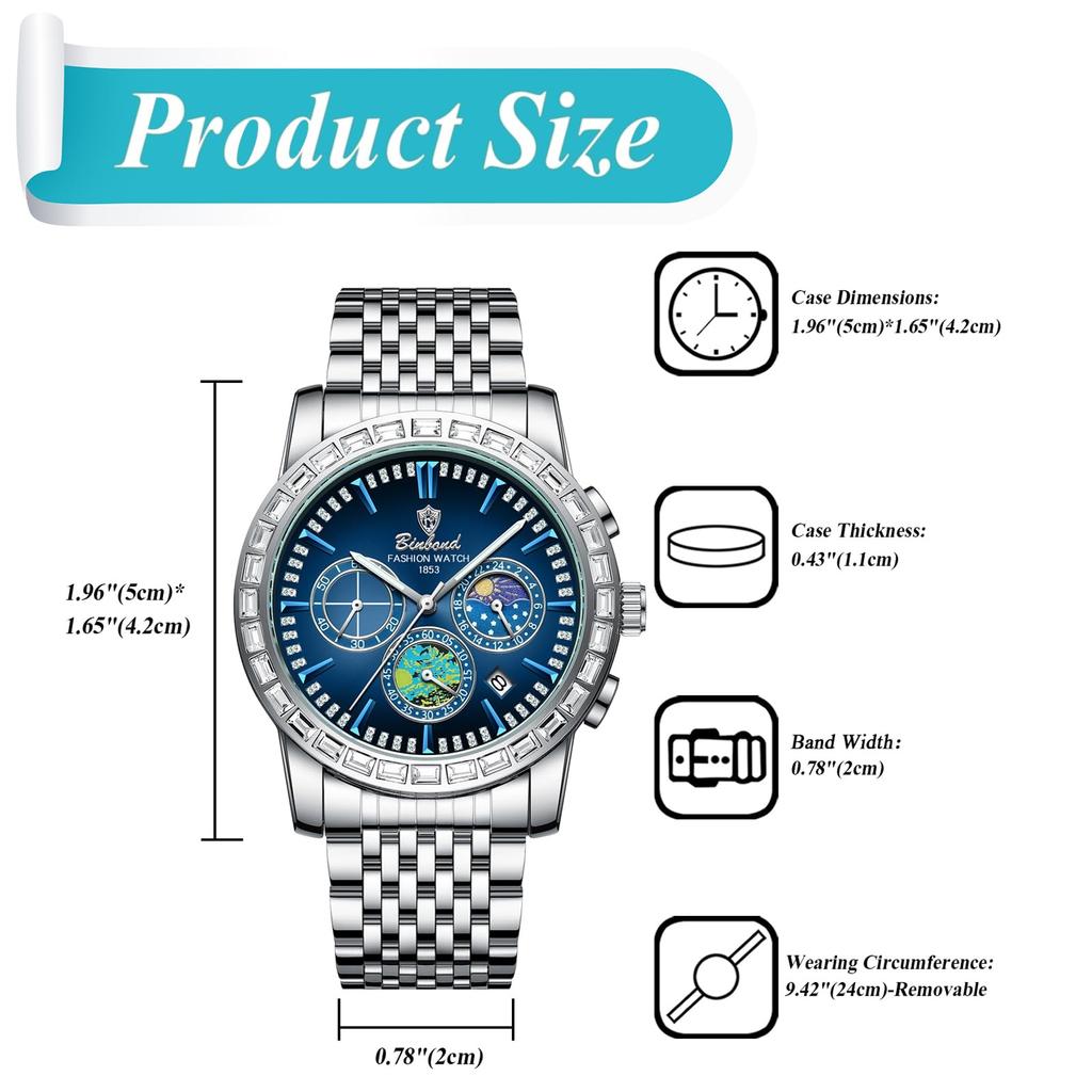 Analog Quartz Watch with Triple Calendar Night Sky Stainless Artistic Gold Suitable for Business and Students Silver Men's Lens, Multifunction